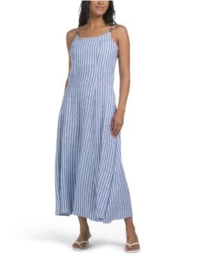 Calypso St. Barth Blue White Striped Linen Rayon Cotton Maxi Dress Size Large